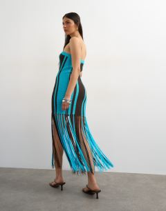 Model wearing Knitted bold stripe tassel dress in turquoise and brown