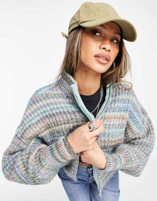 Topshop knitted bomber jacket in multi