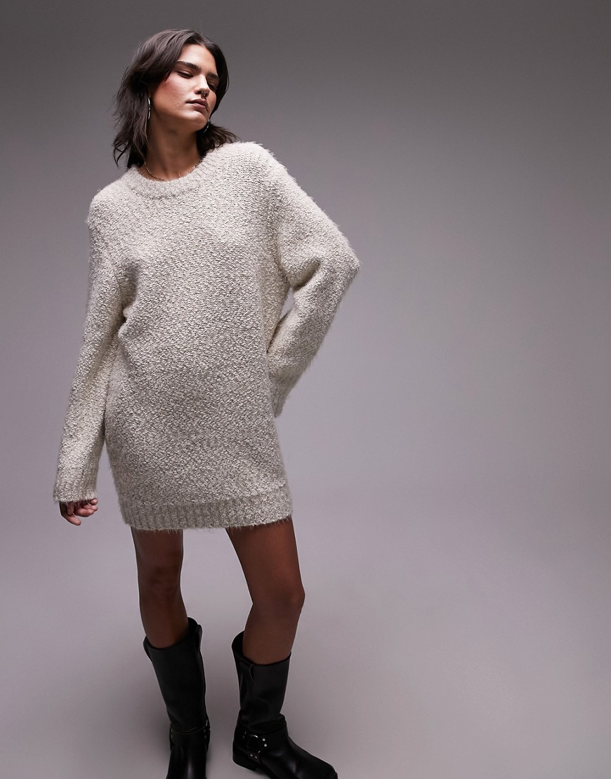 Topshop knitted boucle crew neck mini dress in oat-Neutral