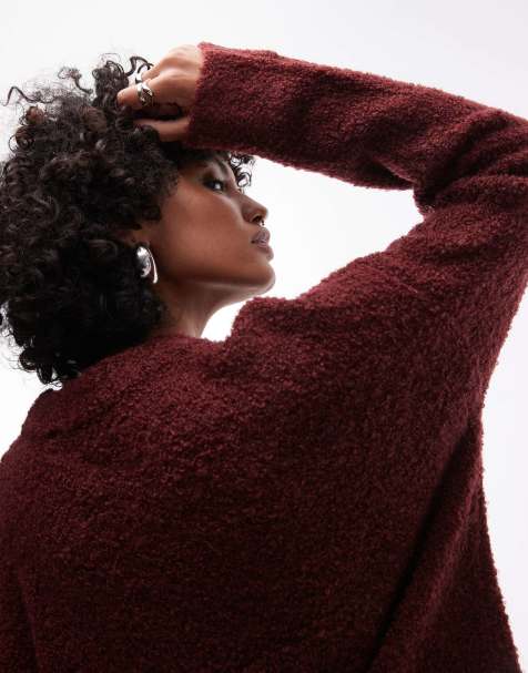 Topshop knitted boucle crew sweater in burgundy - view 1