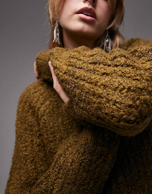 Topshop knitted boucle sweater in khaki