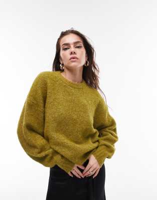 Topshop knitted boxy boucle jumper in dark green