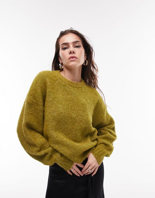 Topshop knitted boxy boucle jumper in dark green | ASOS