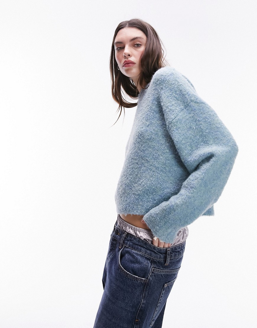 Topshop Knitted Boxy Boucle Sweater In Light Blue