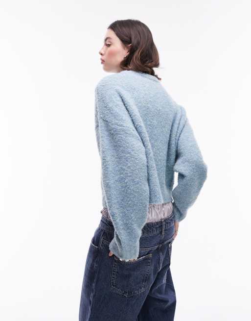 Topshop knitted boxy boucle sweater in light blue, 4 of 4