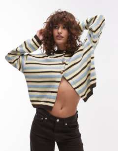 Model wearing Knitted boxy cardigan in multi stripe