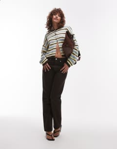 Model wearing Knitted boxy cardigan in multi stripe