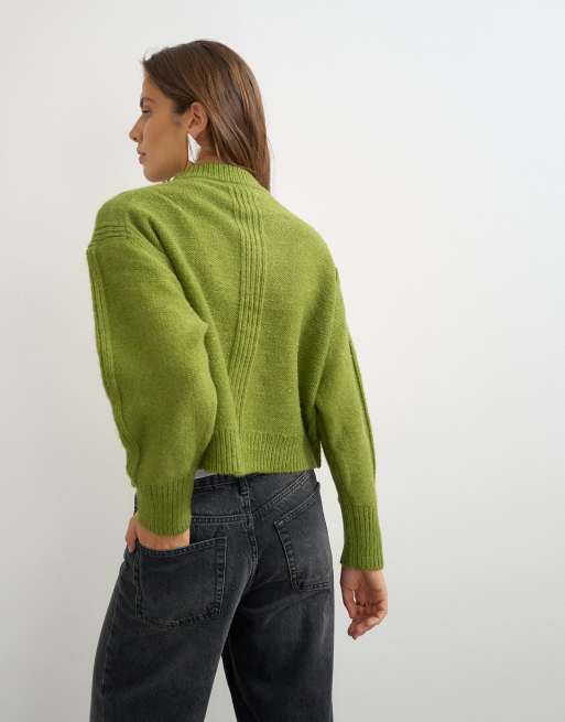 Topshop knitted boxy deep rib cardigan in green, 4 of 4