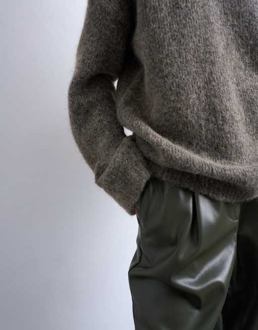 Topshop knit boxy fluffy crew neck sweater in brown