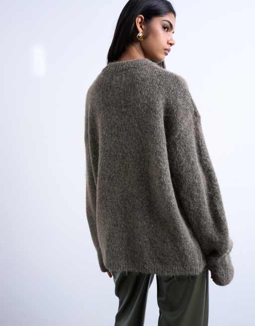 Topshop knit boxy fluffy crew neck sweater in brown