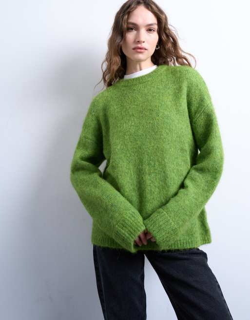 Topshop knit boxy fluffy crew neck sweater in green