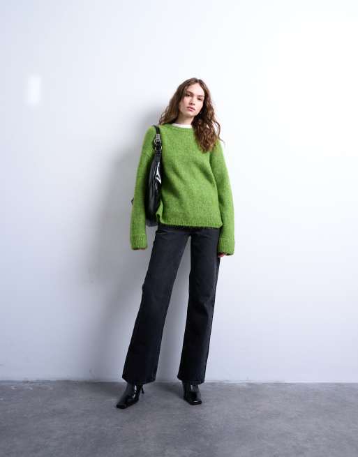 Topshop knit boxy fluffy crew neck sweater in green