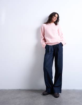 Topshop Women's Pink Knitted Boxy Fluffy Crew Jumper In