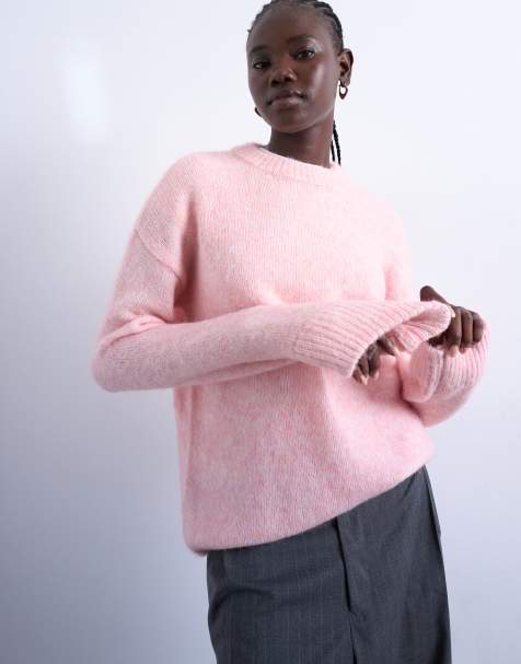 Topshop knitted boxy fluffy crew jumper in pink - view 1