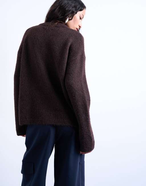 Topshop knitted boxy fluffy crew neck jumper in chocolate, 2 of 4
