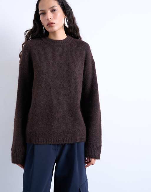Topshop knitted boxy fluffy crew neck jumper in chocolate, 3 of 4