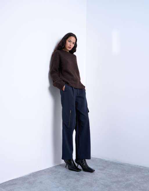 Topshop knitted boxy fluffy crew neck jumper in chocolate, 4 of 4
