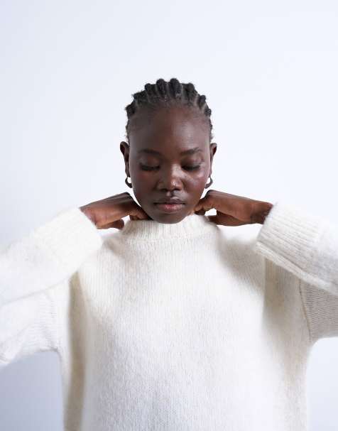 Topshop knitted boxy fluffy crew neck jumper in snow - view 1