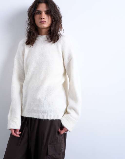 Topshop knitted boxy fluffy crew neck jumper in snow, 2 of 4