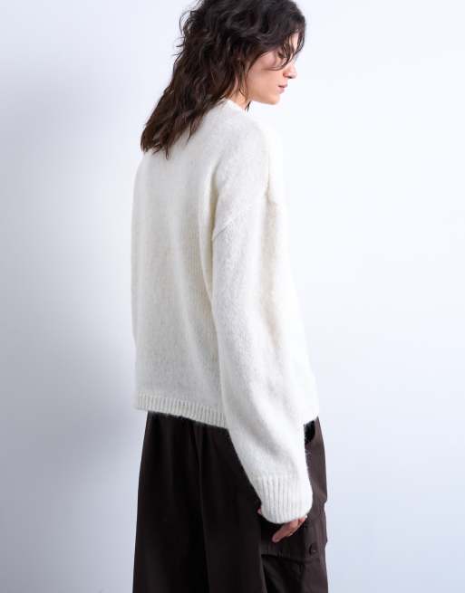 Topshop knitted boxy fluffy crew neck jumper in snow, 4 of 4