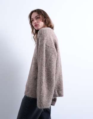 Topshop Topshop knitted boxy fluffy crew oversized jumper in coffee-Brown