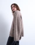 [Topshop] Topshop knitted boxy fluffy crew oversized jumper in coffee-Brown L Coffee