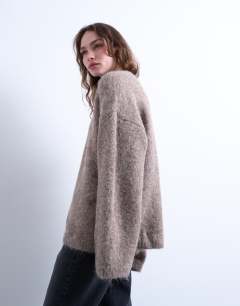 Knitted boxy fluffy crew oversized jumper in coffee