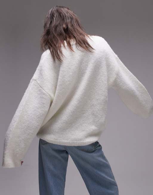 Topshop knitted boxy fluffy crew oversized jumper in ivory | ASOS
