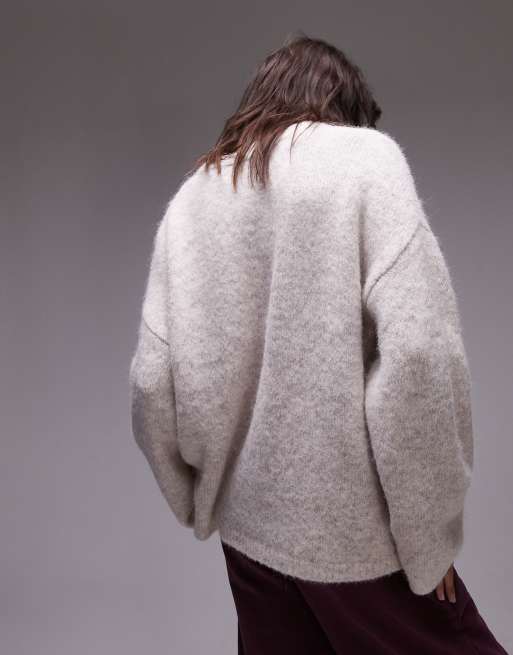 Topshop knitted boxy fluffy crew oversized sweater in oat