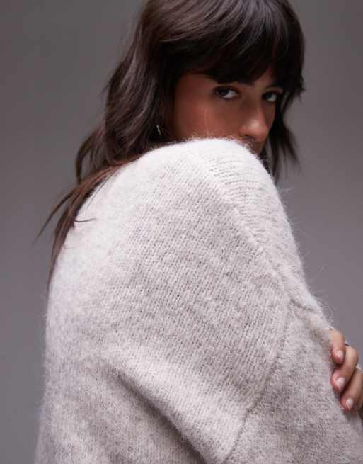 Topshop knitted boxy fluffy crew oversized sweater in oat