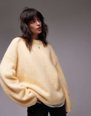 knitted boxy fluffy crew oversized sweater in buttermilk-Yellow