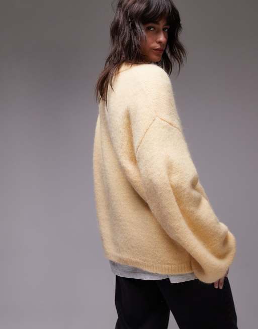 Topshop knitted boxy fluffy crew oversized sweater in buttermilk