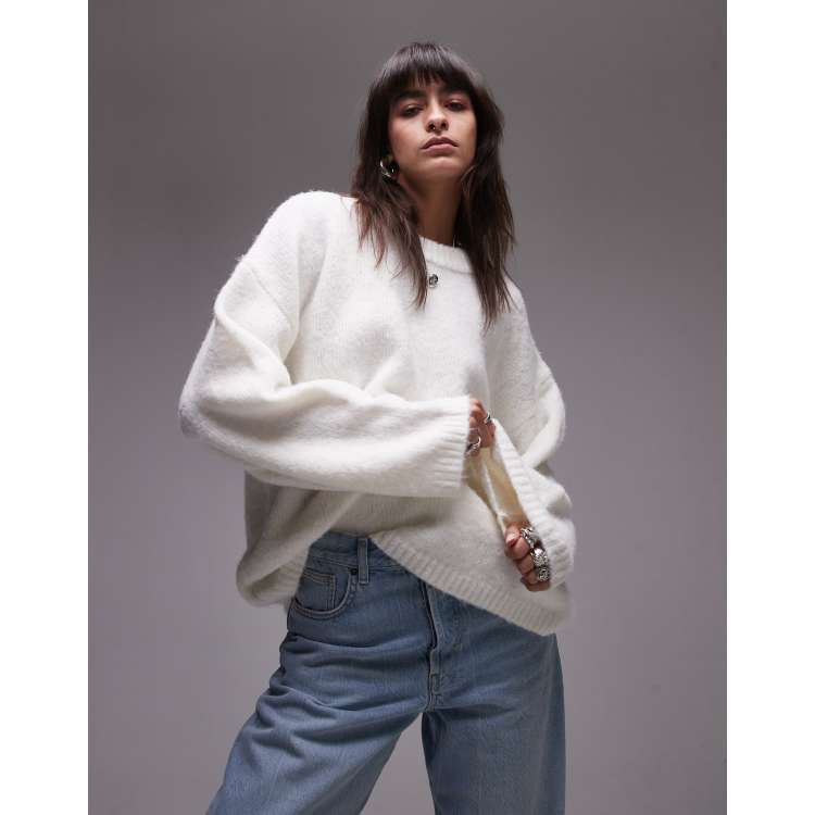 Topshop knitted boxy fluffy crew oversized sweater in ivory | ASOS