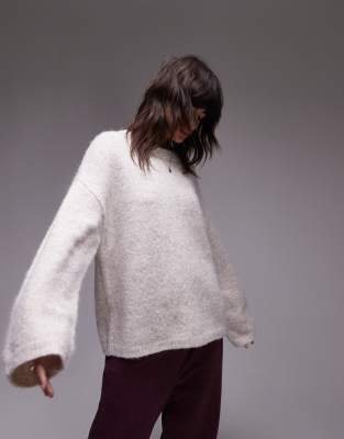 knitted boxy fluffy crew oversized sweater in oat-Neutral