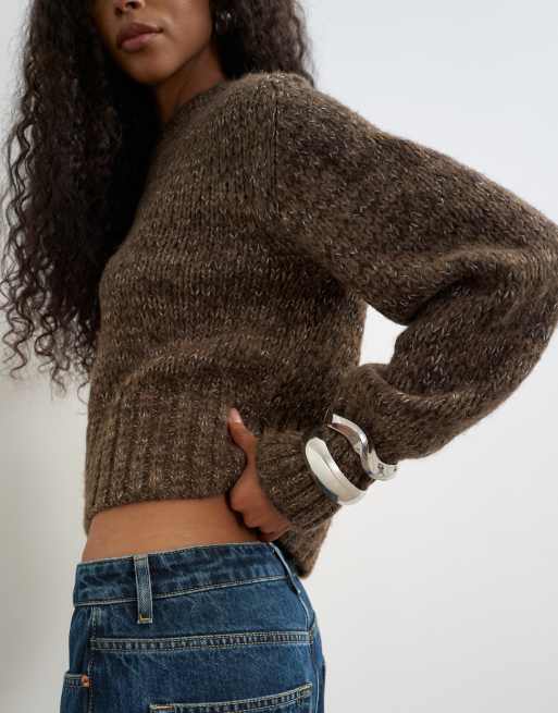Topshop knitted boxy twist yarn pointelle detail jumper in pecan, 2 of 4