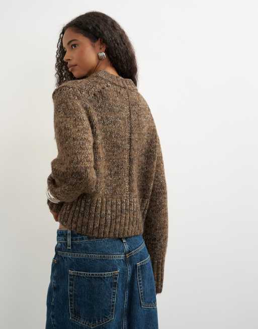 Topshop knitted boxy twist yarn pointelle detail jumper in pecan, 4 of 4
