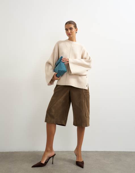 Topshop knitted boxy wide sleeve button detail jumper in latte - view 1