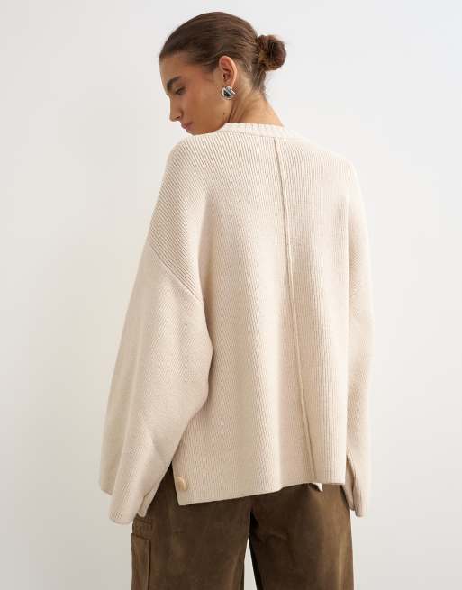 Topshop knitted boxy wide sleeve button detail jumper in latte, 4 of 4