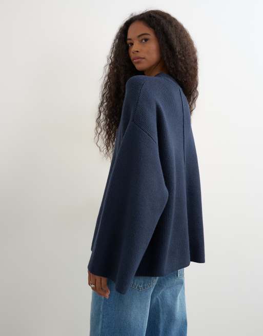 Topshop knitted boxy wide sleeve button detail jumper in midnight, 3 of 4