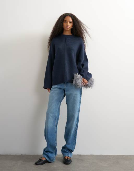 Topshop knitted boxy wide sleeve button detail jumper in navy, 2 of 4