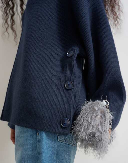 Topshop knitted boxy wide sleeve button detail sweater in midnight, 4 of 4