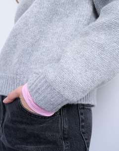 Model wearing Knitted boxy wide sleeve mid crew jumper in grey