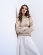 Topshop knitted boxy wide sleeve mid crew jumper in oat