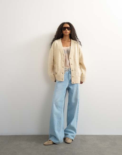 Topshop knitted boyfriend longline covered button cardigan with wool in oat, 2 of 4