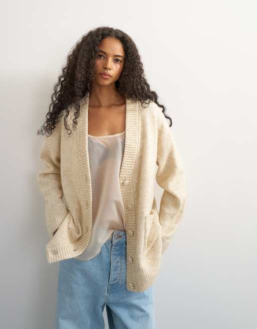 Topshop knitted boyfriend longline covered button cardigan with wool in oat, 3 of 4