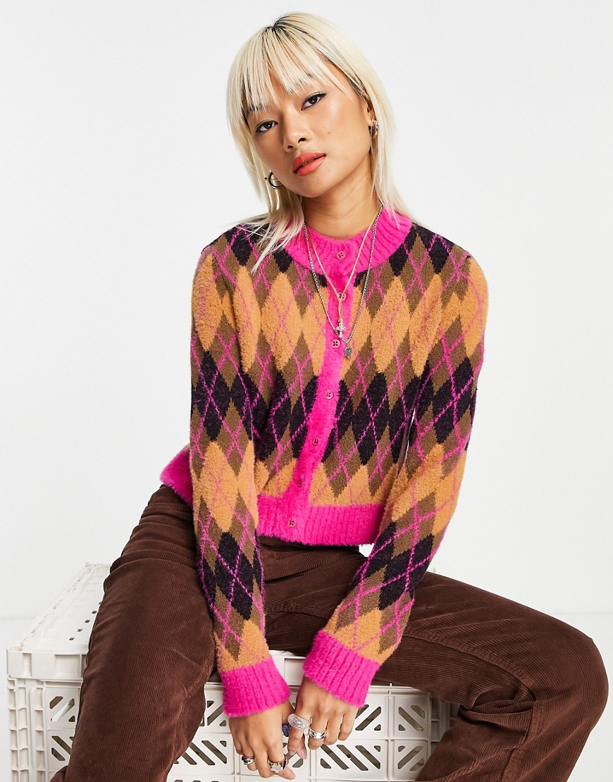TOPSHOP KNITTED BRIGHT ARGYLE CROP CARDI IN MULTI