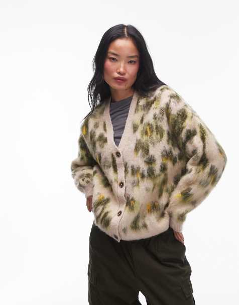 Topshop knitted brushed abstract animal oversized cardi in green print - view 1