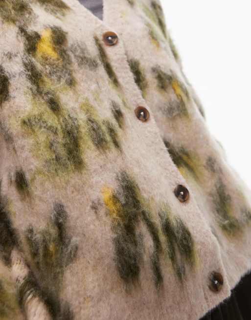 Topshop knitted brushed abstract animal oversized cardi in green print, 2 of 4