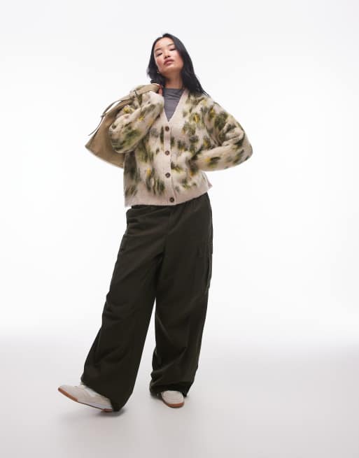 Topshop knitted brushed abstract animal oversized cardi in green