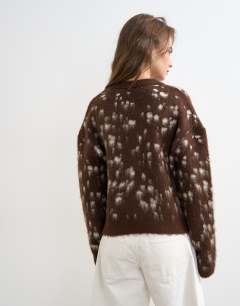 Model wearing Knitted brushed animal cardigan in brown